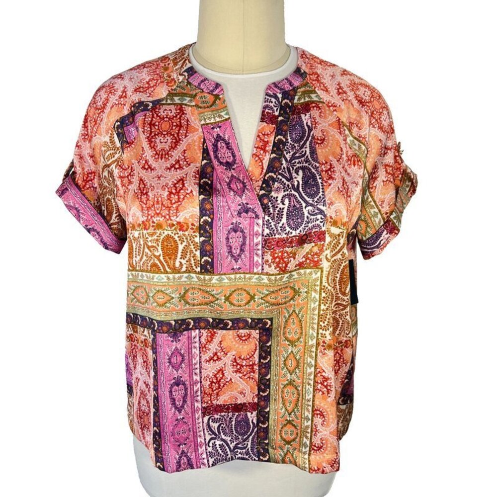 JM Collection Blouse Women's XL Earthtone Patchwork Floral V-Neck Short Sleeve